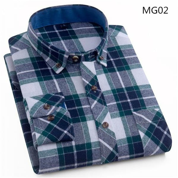 Spring Autumn Mens Flannel Plaid Shirts Cotton Casual Long Sleeve