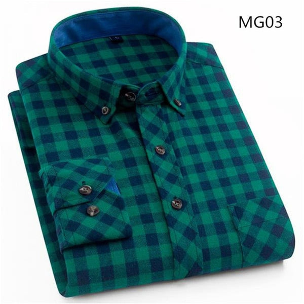 Spring Autumn Mens Flannel Plaid Shirts Cotton Casual Long Sleeve