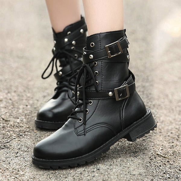 New Buckle Winter Motorcycle Boots Women British Style Ankle Boots Gothic Punk