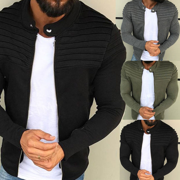 European and American men plain stripe pleated patchwork cardigan sweater with fleece zipper jacket men