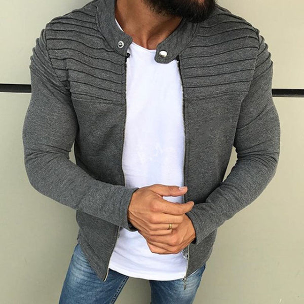 European and American men plain stripe pleated patchwork cardigan sweater with fleece zipper jacket men