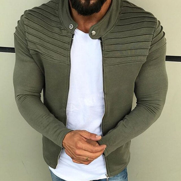 European and American men plain stripe pleated patchwork cardigan sweater with fleece zipper jacket men