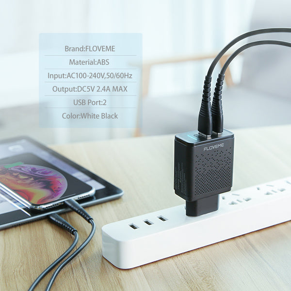 FLOVEME Dual USB Charger 5V 2.4A Fast Charging Wall Charger Adapter EU Plug Mobile Phone